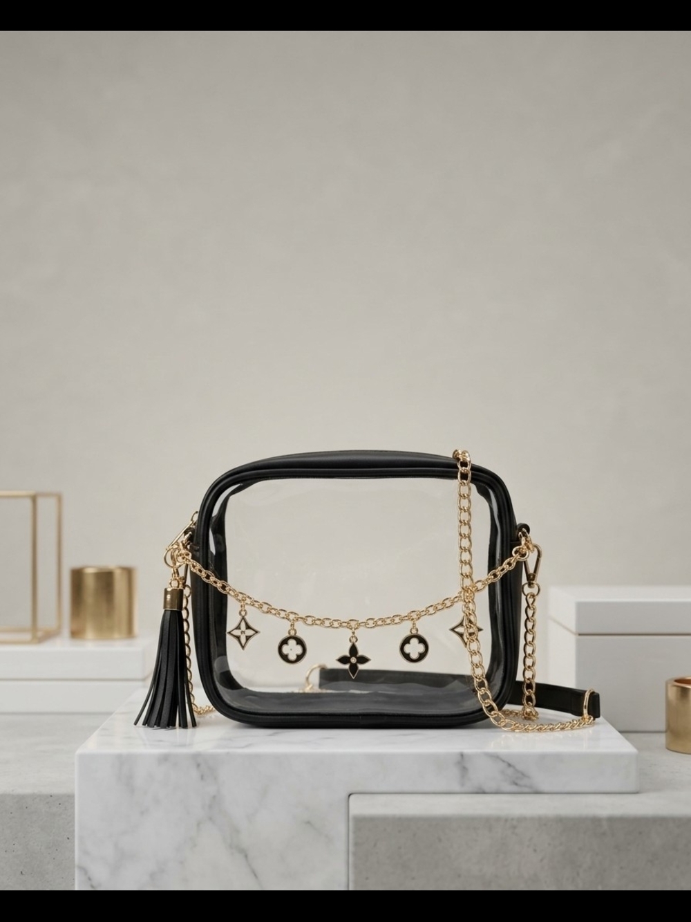 Clear Black Trim Crossbody Bag with Gold Chain and Charms